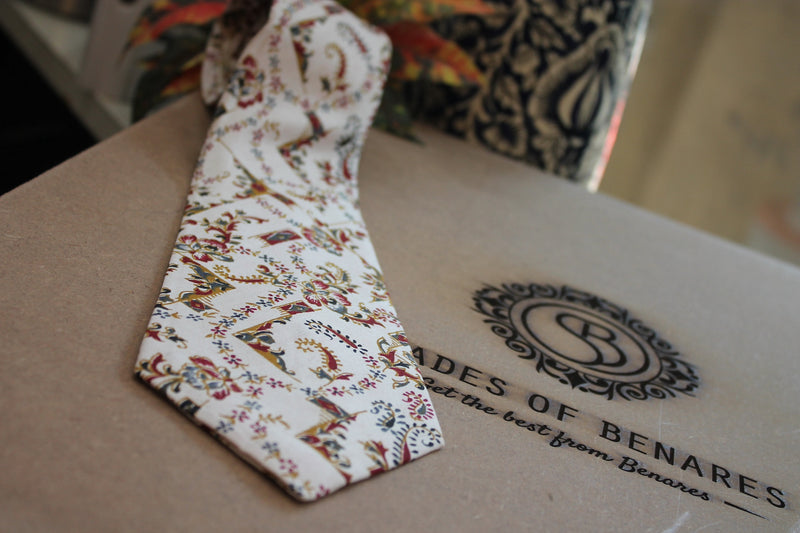 Elegant and exclusive White Banarasi Pure Raw Silk Neck Tie by Shades of Benares, a must-have accessory.