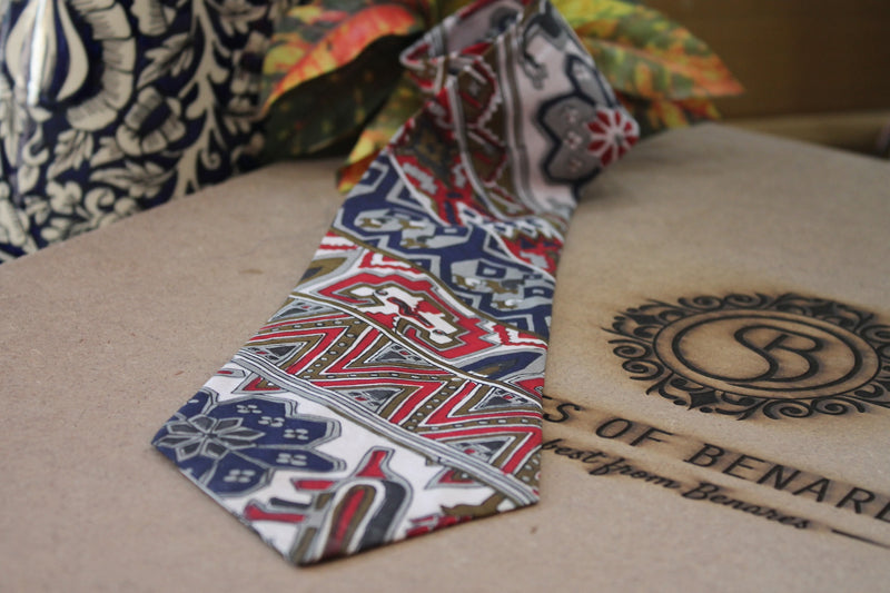 Stunning limited edition Banarasi Pure Raw Silk Neck Tie in white, blue, and red by shades of benares.