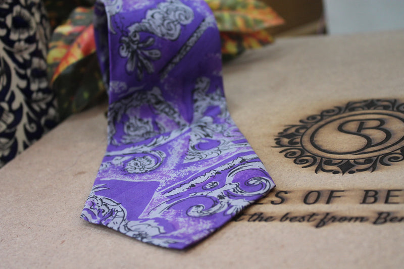 Purple and white Banarasi pure raw silk neck tie by Shades of Benares - Limited Edition.