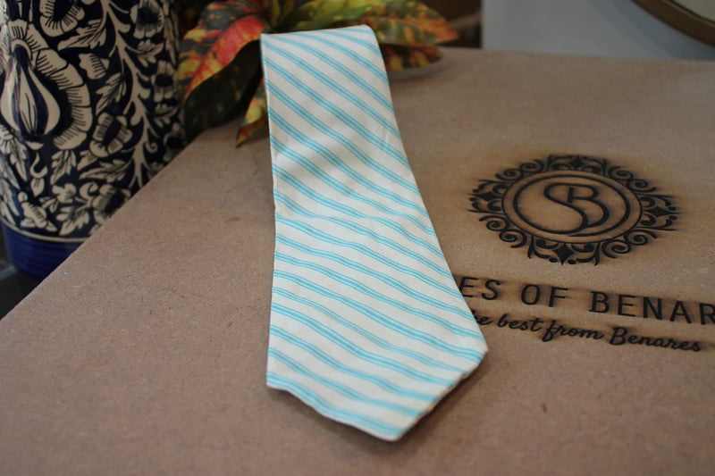 Pure silk neck tie in traditional blue and white stripes by Shades of Benares.
