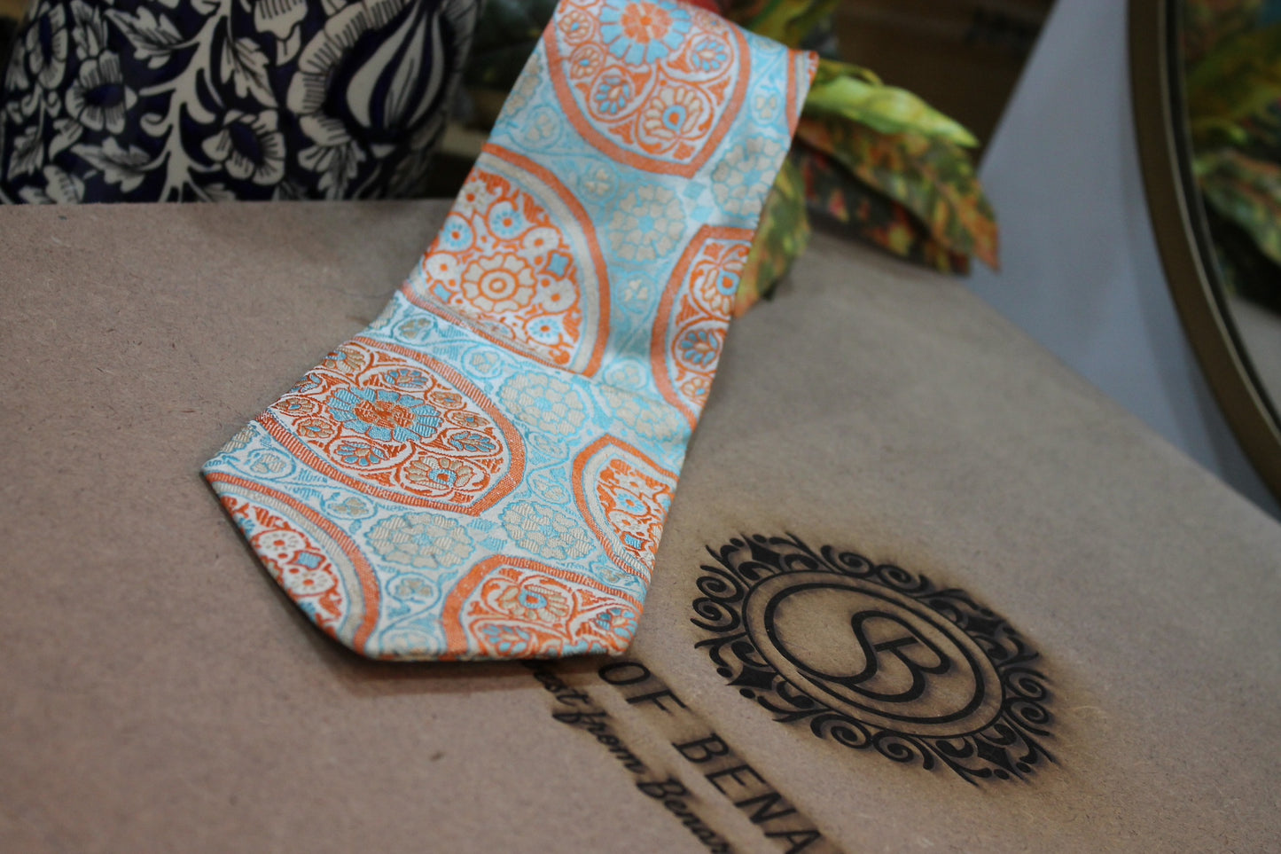 Elegance of Banarasi Pure Silk Brocade Neck Tie - Blue & Orange by Shades Of Benares - banarasi - banarasi saree shop - banarasi saree manufacturers - banarasi saree wholesale - banaraasi sarees