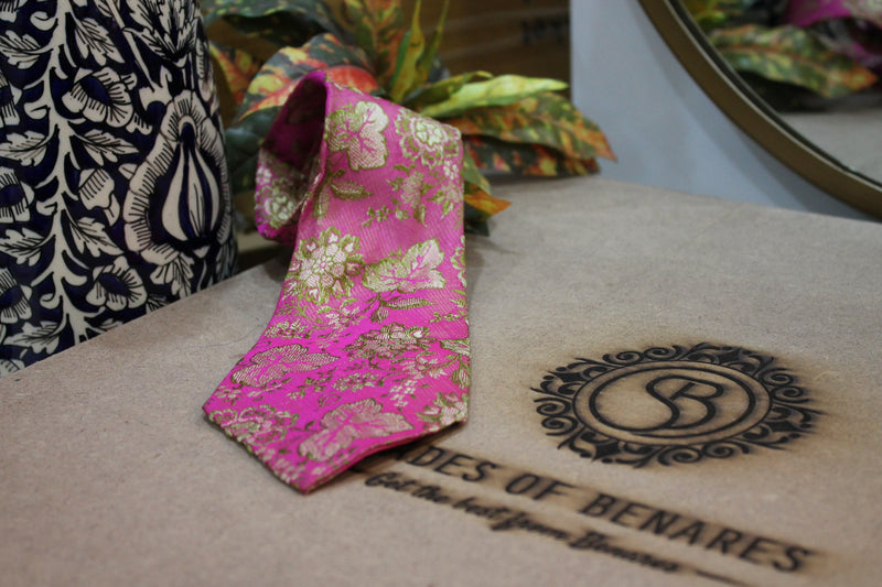 Luxurious Banarasi Pure Silk Brocade Neck Tie in Pink & Green by Shades of Benares.