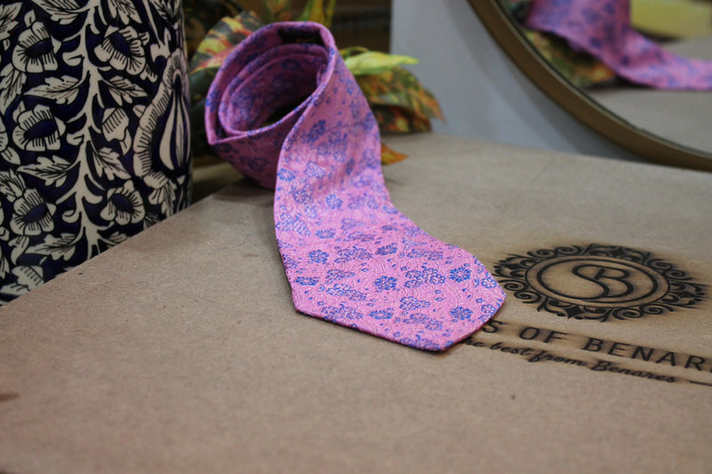 Exquisite Pink & Blue Pure Banarasi Silk Brocade Handwoven Neck Tie by Shades of Benares.