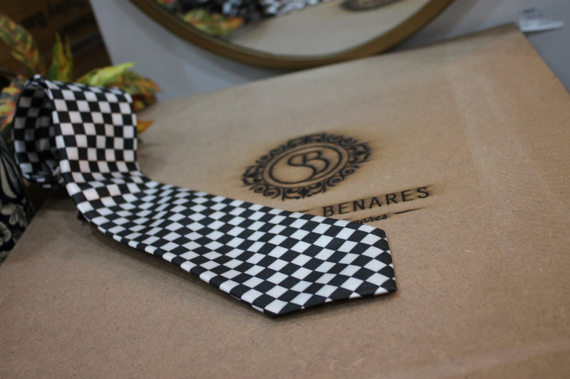 Sleek Banarasi satin silk neck tie with black and white chess board print by Shades of Benares.