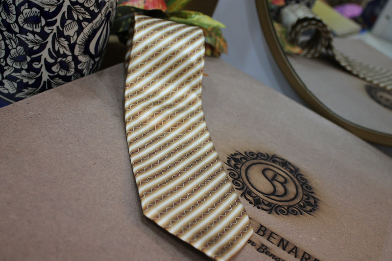 Sophisticated coffee brown and white Banarasi satin silk printed neck tie by Shades of Benares.