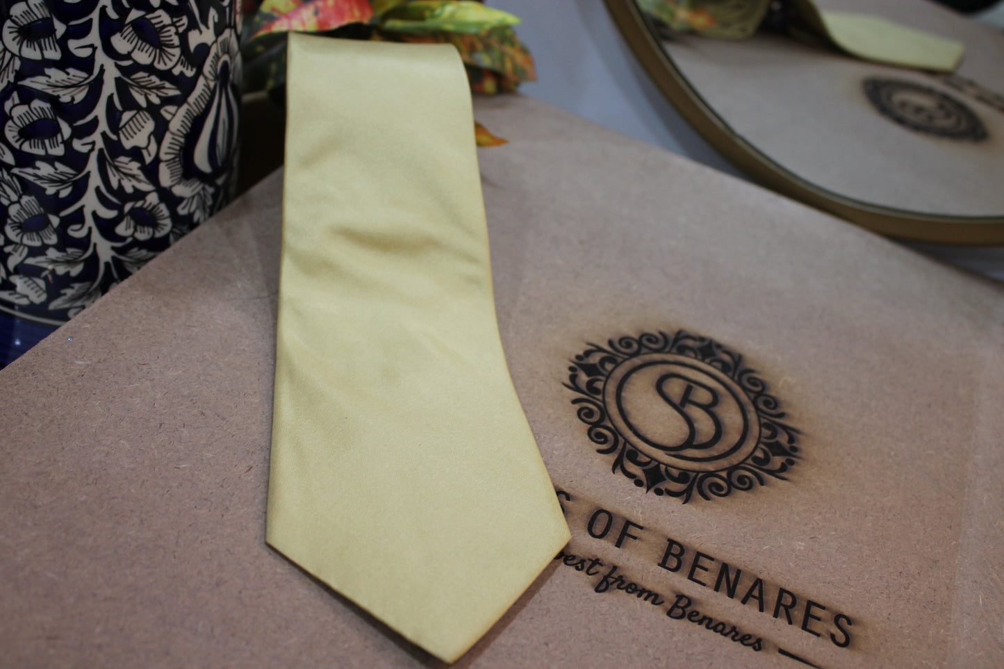 Plain Lemon Yellow Pure Banarasi Satin Silk Neck Tie by Shades Of Benares - banarasi - banarasi saree shop - banarasi saree manufacturers - banarasi saree wholesale - banaraasi sarees