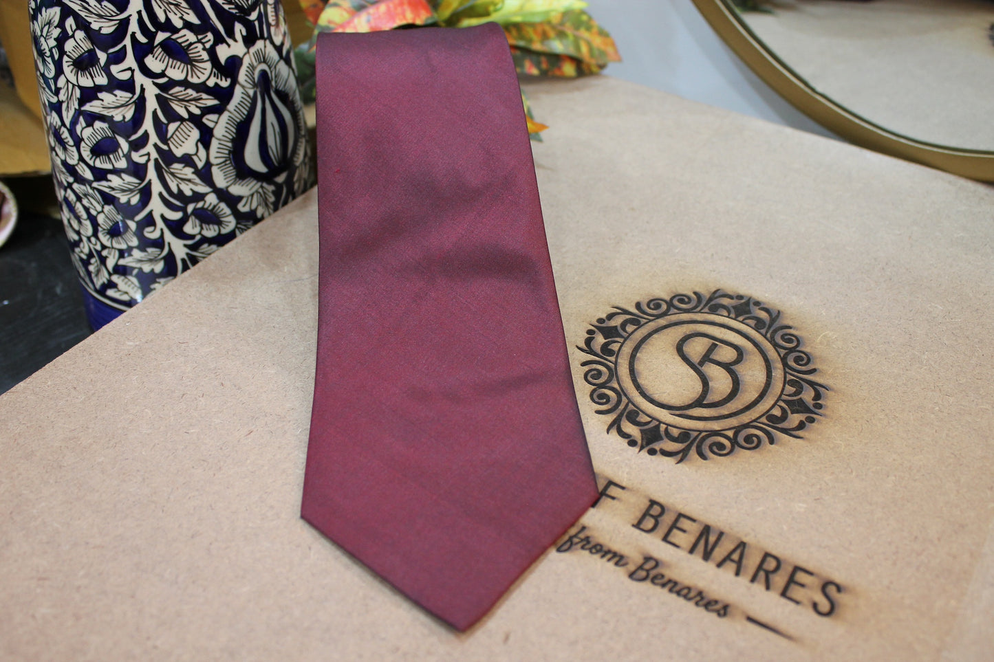 Sophisticated Plain Maroon Pure Banarasi Satin Silk Printed Neck Tie by Shades Of Benares - banarasi - banarasi saree shop - banarasi saree manufacturers - banarasi saree wholesale - banaraasi sarees