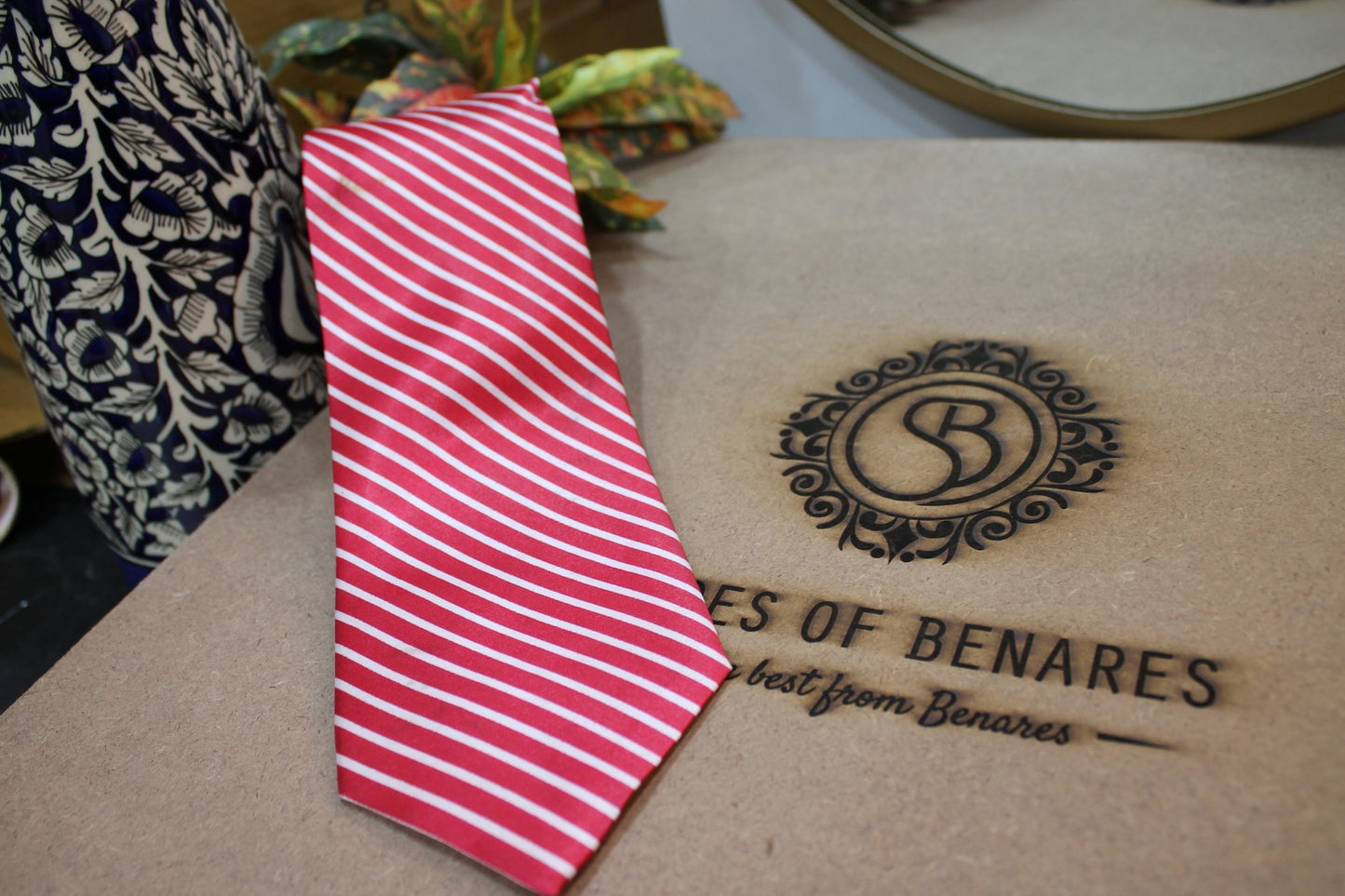 Bold Red and White Stripes Pure Banarasi Satin Silk Printed Neck Tie by Shades Of Benares - banarasi - banarasi saree shop - banarasi saree manufacturers - banarasi saree wholesale - banaraasi sarees