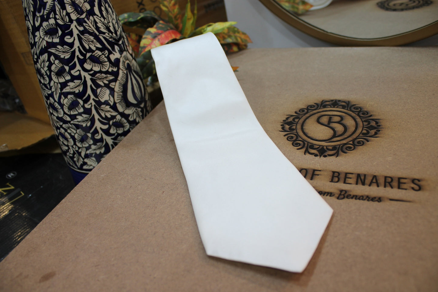 Pure Banarasi Satin Silk Neck Tie in Plain White by Shades Of Benares - banarasi - banarasi saree shop - banarasi saree manufacturers - banarasi saree wholesale - banaraasi sarees