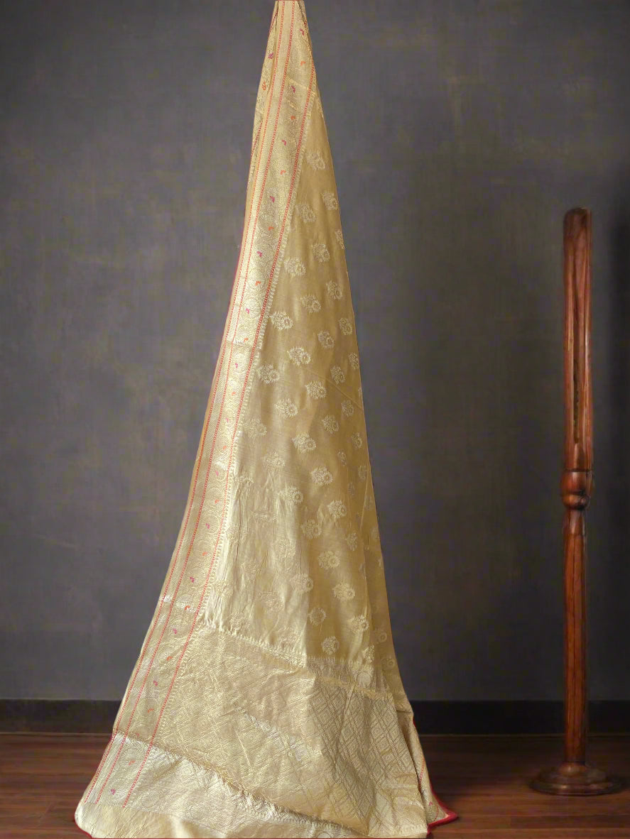 Beige Handloom Pure Chanderi Silk Banarasi Saree With Zari Butis & Brocade Blouse by Shades Of Banaras - banarasi - banarasi saree shop - banarasi saree manufacturers - banarasi saree wholesale - banaraasi sarees