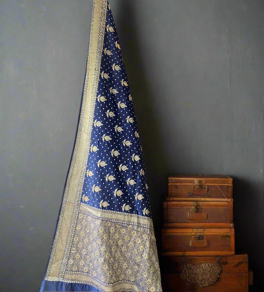 Navy Blue Handloom Pure Chanderi Silk Banarasi Saree With Zari Butis & Brocade Blouse by Shades Of Banaras - banarasi - banarasi saree shop - banarasi saree manufacturers - banarasi saree wholesale - banaraasi sarees
