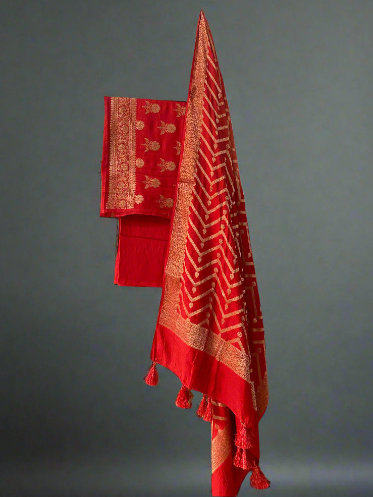 Red Banarasi Soft Silk Handloom Unstitched Suit Set (3 Pc) by Shades Of Banaras - banarasi - banarasi saree shop - banarasi saree manufacturers - banarasi saree wholesale - banaraasi sarees