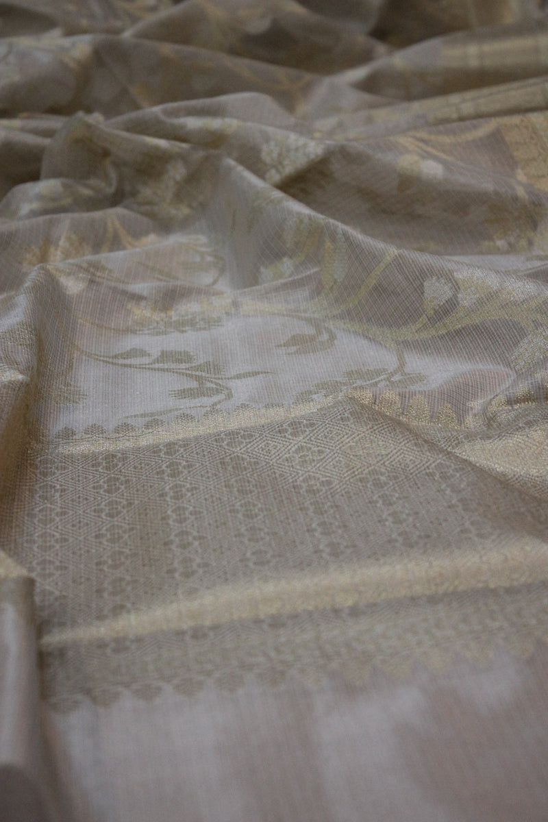Exquisite Creme Pure Tissue Silk Handloom Banarasi Sari by Shades of Benares - Elegant cream silk banarasi sari.