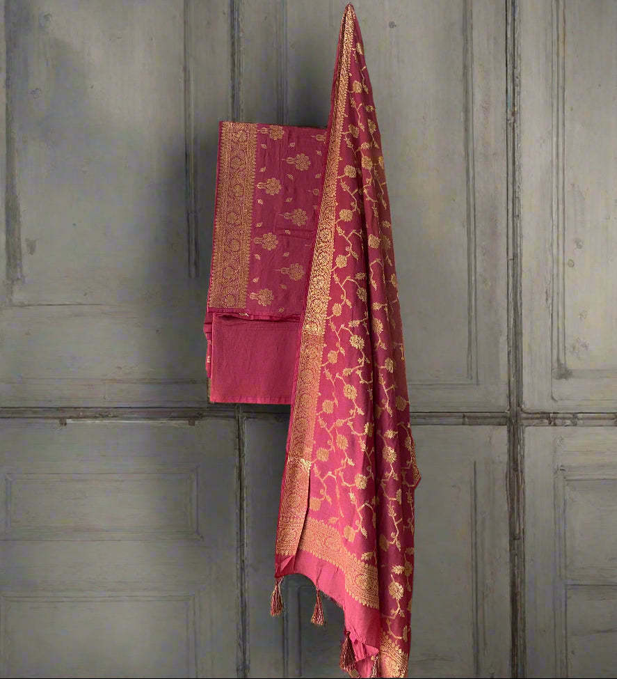 Reddish Pink Banarasi Soft Silk Handloom Unstitched Suit Set (3 Pc) by Shades Of Banaras - banarasi - banarasi saree shop - banarasi saree manufacturers - banarasi saree wholesale - banaraasi sarees