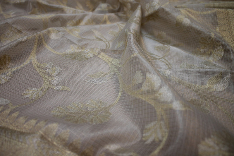 Exquisite Creme Pure Silk Handloom Banarasi Sari by shades of Benares - a stunning creation in tissue silk.