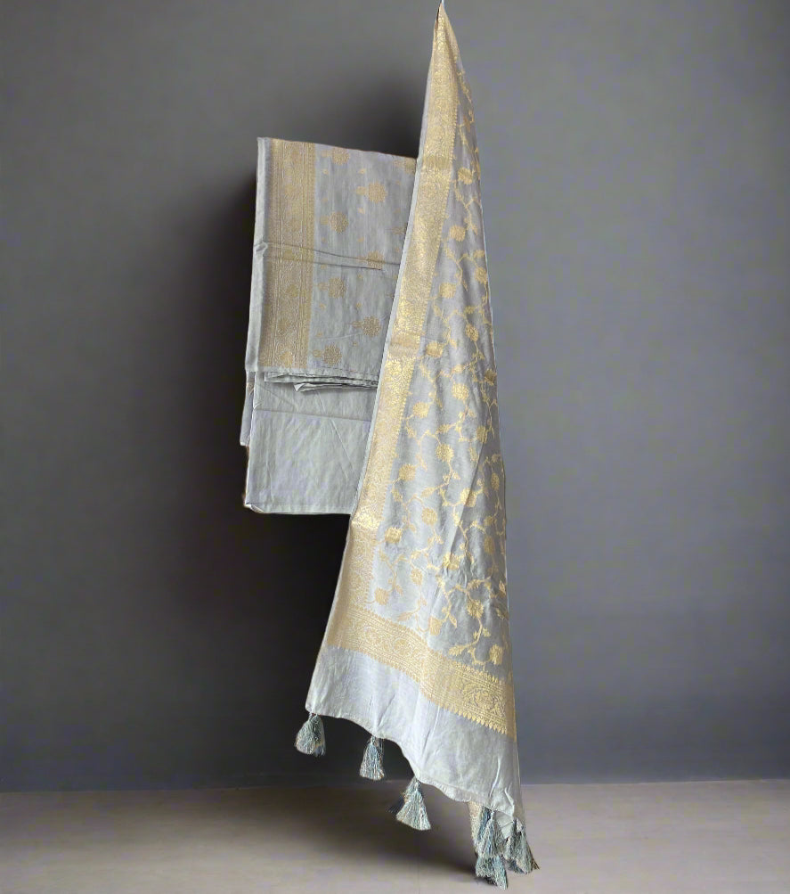 Grey Banarasi Soft Silk Handloom Unstitched Suit Set (3 Pc) by Shades Of Banaras - banarasi - banarasi saree shop - banarasi saree manufacturers - banarasi saree wholesale - banaraasi sarees