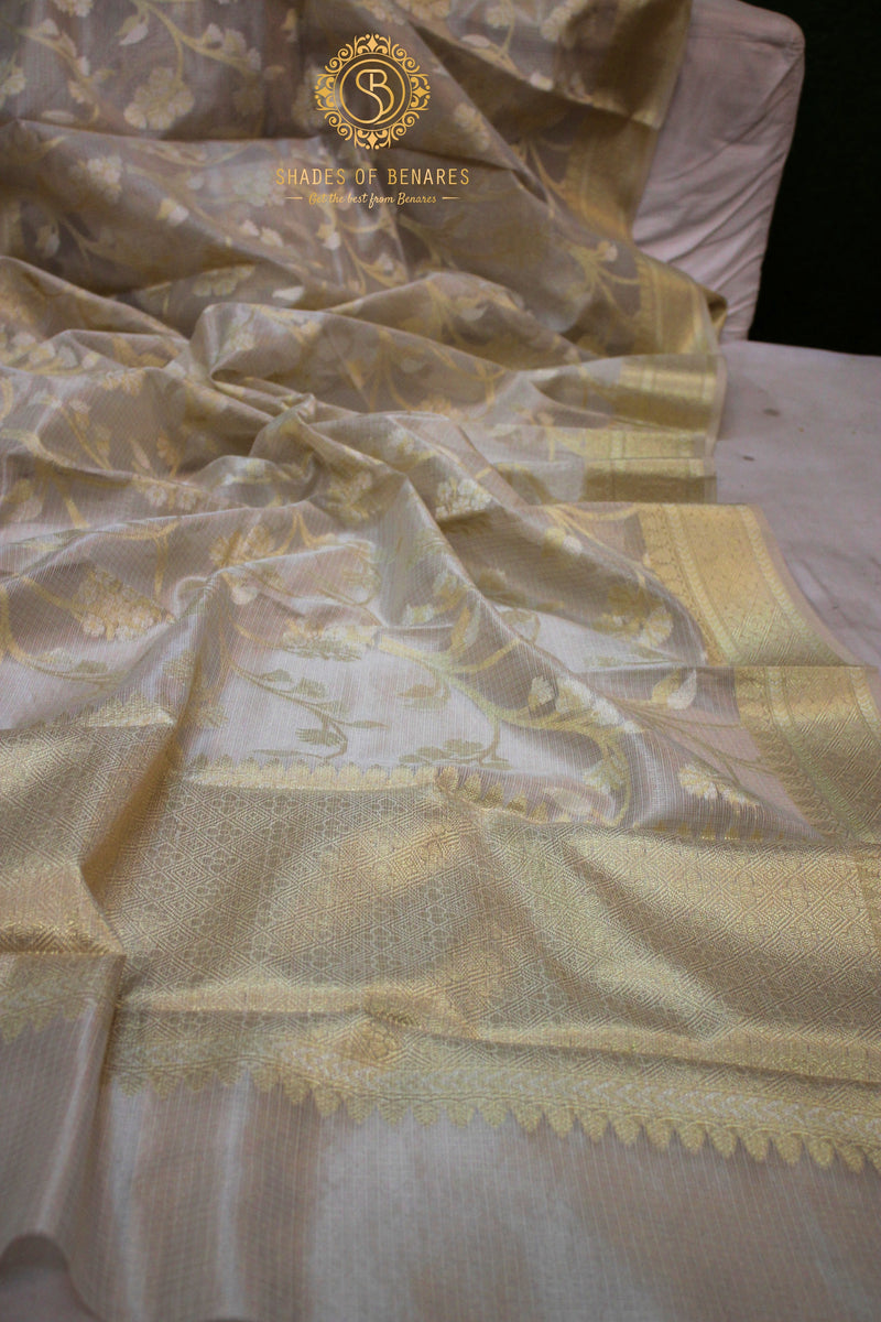 Exquisite Creme Pure Tissue Silk Handloom Banarasi Sari by shades of benares - a stunning silk sari.