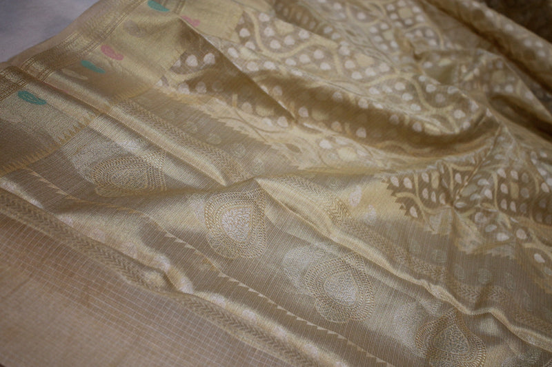 Elegant limited edition Creme Pure Tissue Silk Handloom Banarasi Sari by Shades of Benares, a timeless classic.
