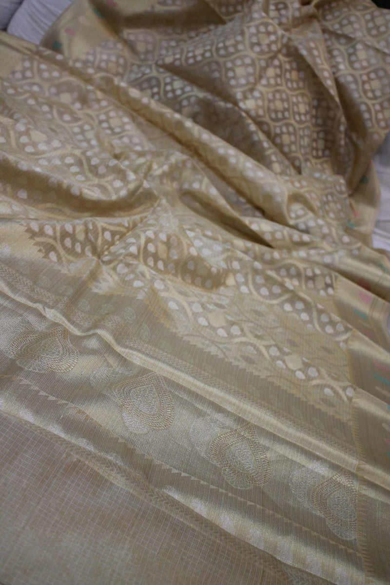 Ivory handloom Banarasi sari made of pure tissue silk by Shades of Benares, an exclusive limited edition piece.