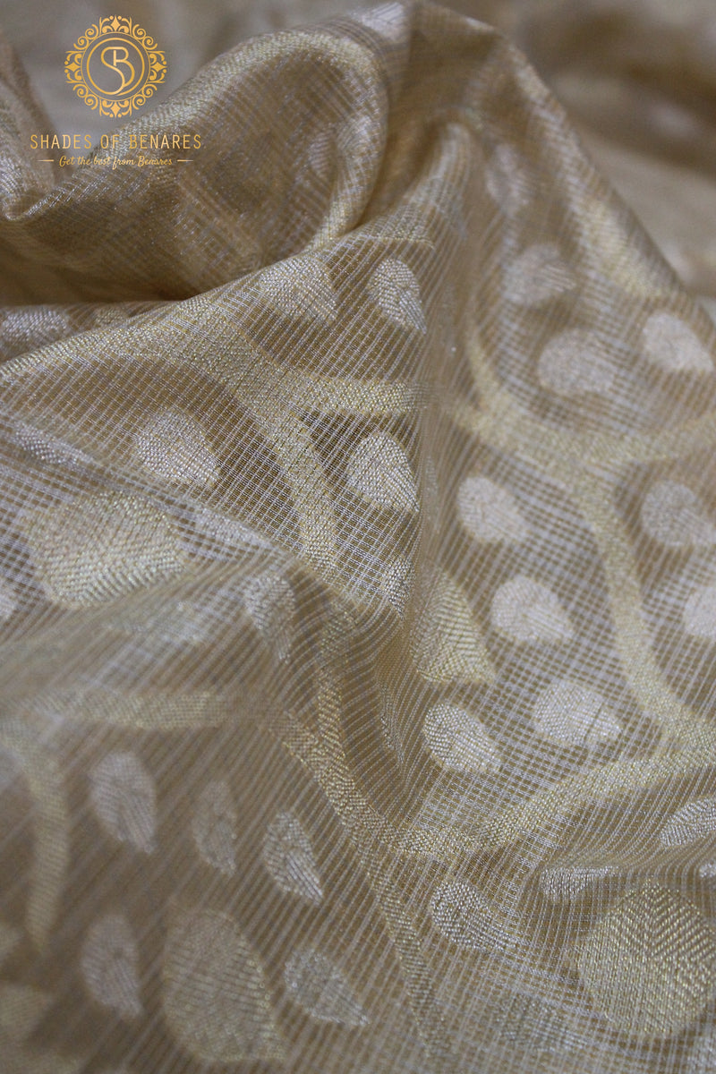 Elegant Creme Pure Tissue Silk Handloom Banarasi Sari - Limited Edition by shades of benares.