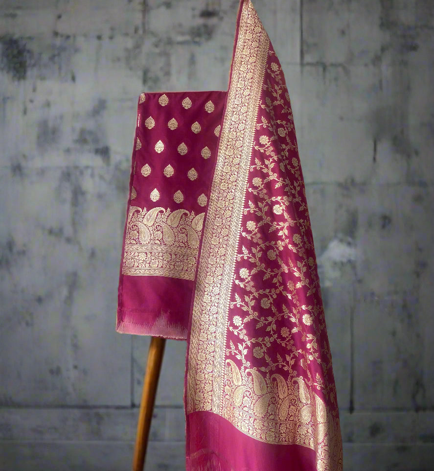 Magenta Pure Silk Banarasi Suit Set with Zari Butis & Jaal Dupatta by Shades Of Banaras - banarasi - banarasi saree shop - banarasi saree manufacturers - banarasi saree wholesale - banaraasi sarees