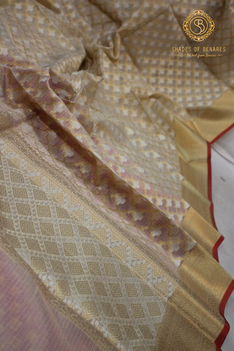 Exquisite Creme Pure Tissue Silk Handloom Banarasi Sari with Pink Blouse - Limited Edition by shades of benares.