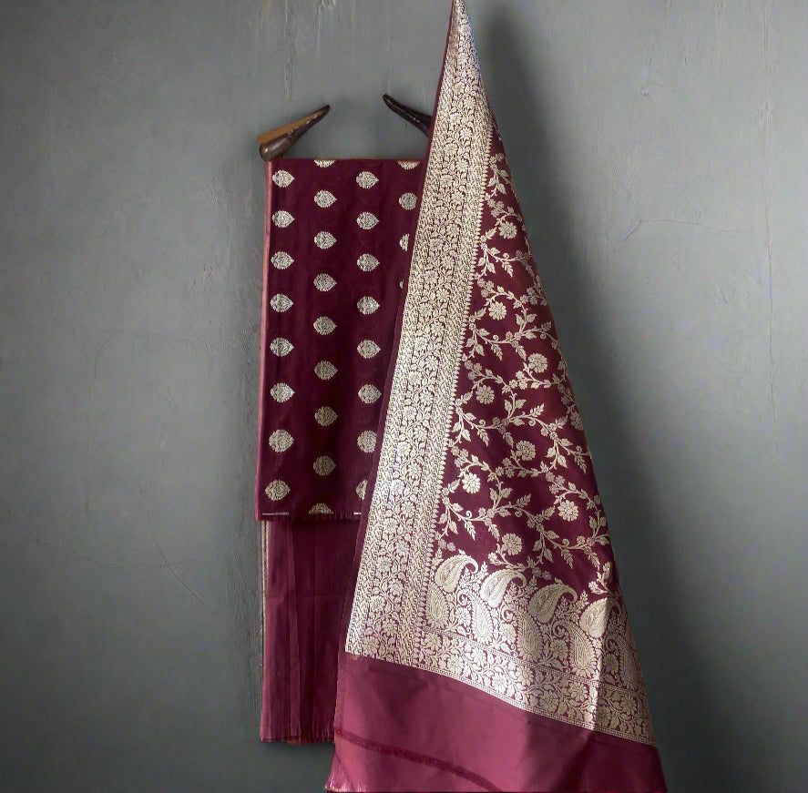 Wine Pure Silk Banarasi Handloom Suit Set with Zari Butis & Jaal Dupatta by Shades Of Banaras - banarasi - banarasi saree shop - banarasi saree manufacturers - banarasi saree wholesale - banaraasi sarees
