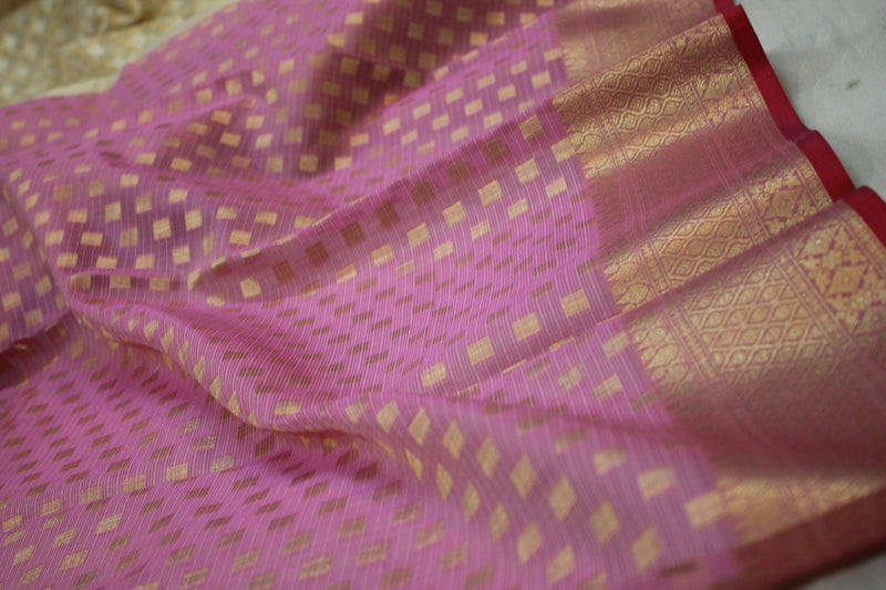 Limited Edition Tissue Silk Handloom Banarasi Sari in Creme with Pink Blouse by Shades of Benares.