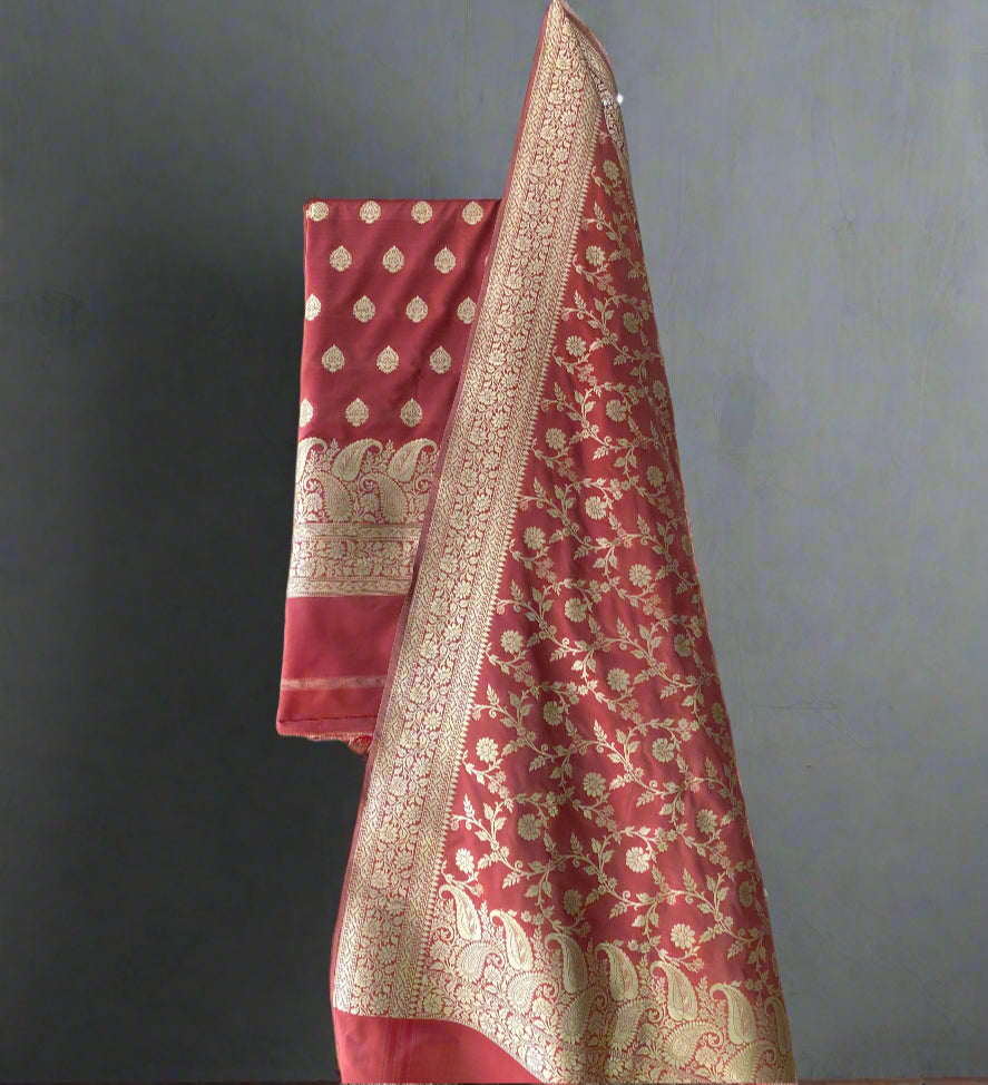 Peach Pure Silk Banarasi Suit Set with Zari Butis & Jaal Dupatta by Shades Of Banaras - banarasi - banarasi saree shop - banarasi saree manufacturers - banarasi saree wholesale - banaraasi sarees