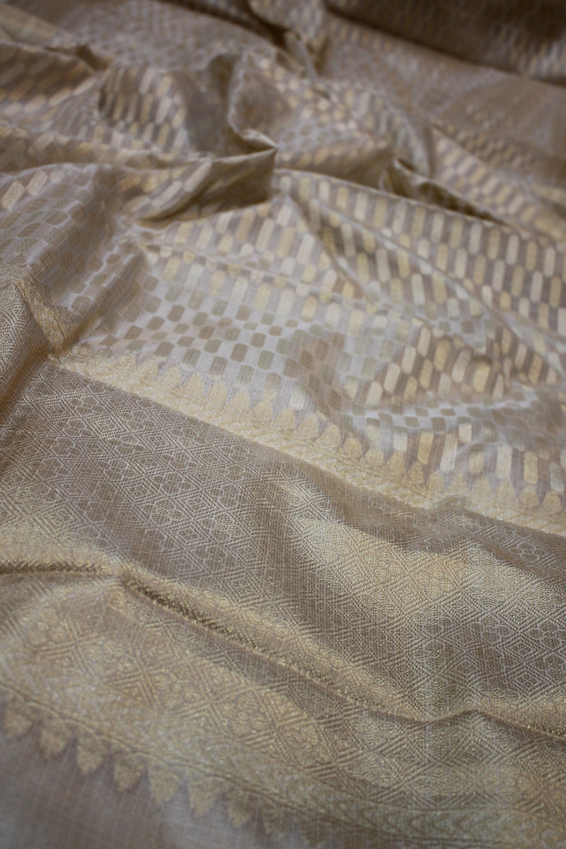 Elegant handwoven Beige Pure Tissue Silk Banarasi Sari from Shades of Benares.