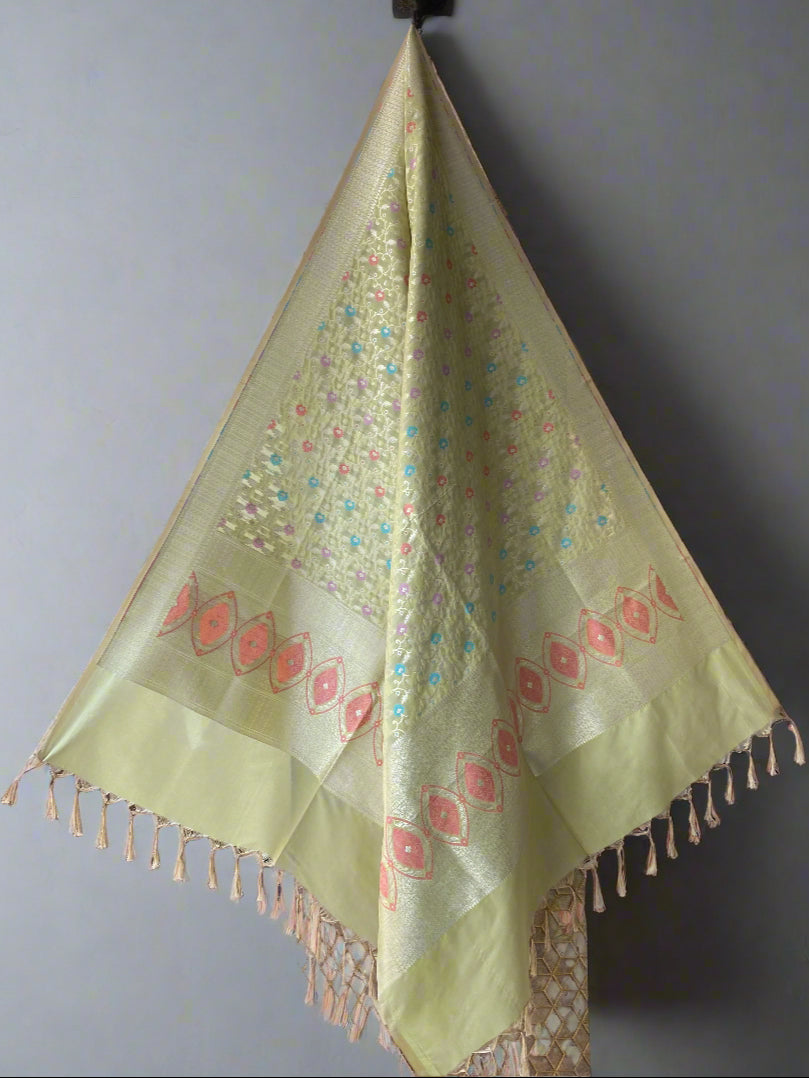 Pastel Green Banarasi Handloom Silk Dupatta with Minakari Jaal by Shades Of Banaras - banarasi - banarasi saree shop - banarasi saree manufacturers - banarasi saree wholesale - banaraasi sarees