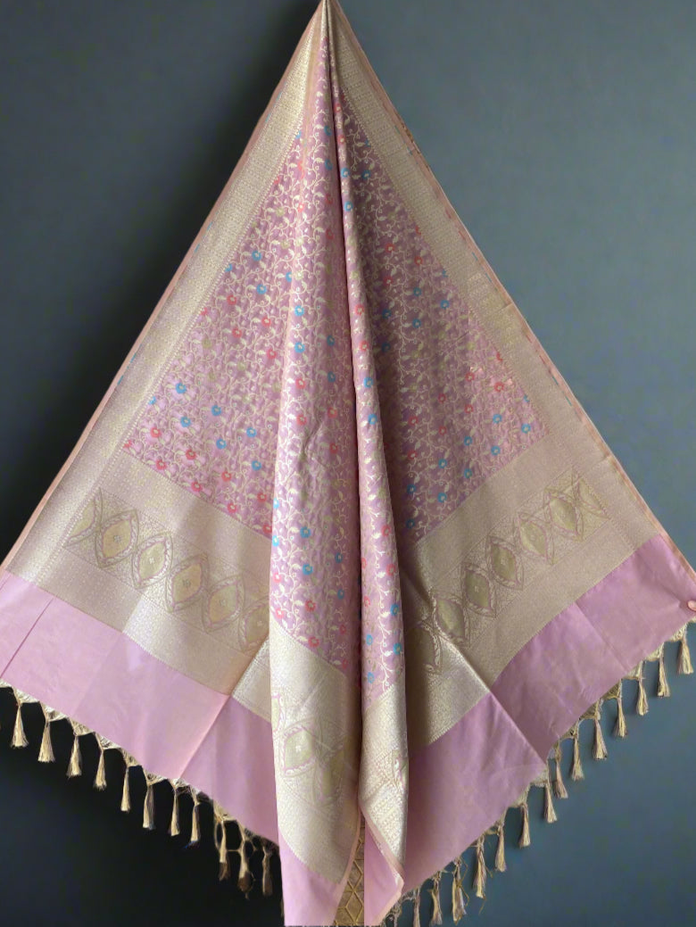 Pastel Pink Banarasi Handloom Silk Dupatta with Minakari Jaal by Shades Of Banaras - banarasi - banarasi saree shop - banarasi saree manufacturers - banarasi saree wholesale - banaraasi sarees