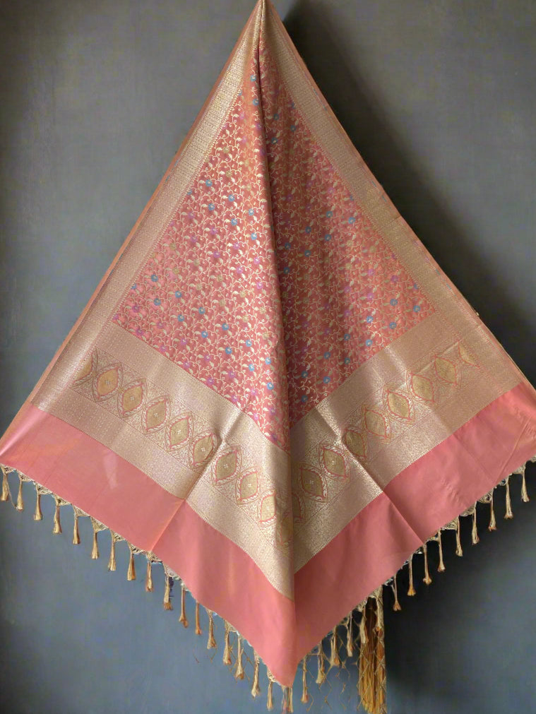 Fantastic Peach Banarasi Handloom Silk Dupatta with Minakari Jaal by Shades Of Banaras - banarasi - banarasi saree shop - banarasi saree manufacturers - banarasi saree wholesale - banaraasi sarees