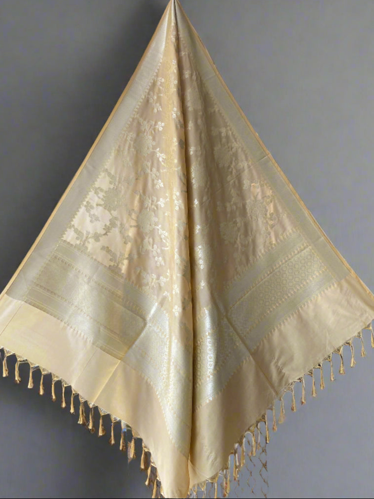Beige Handloom Banarasi Silk Dupatta with Matt Gold Zari Jaal by Shades Of Banaras - banarasi - banarasi saree shop - banarasi saree manufacturers - banarasi saree wholesale - banaraasi sarees