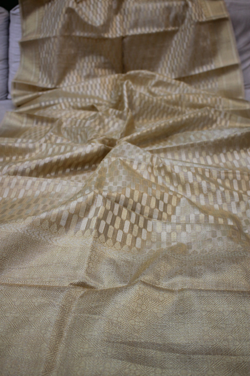 Beige Pure Tissue Silk Sari by shades of Benares: Timelessly elegant choice for any occasion.