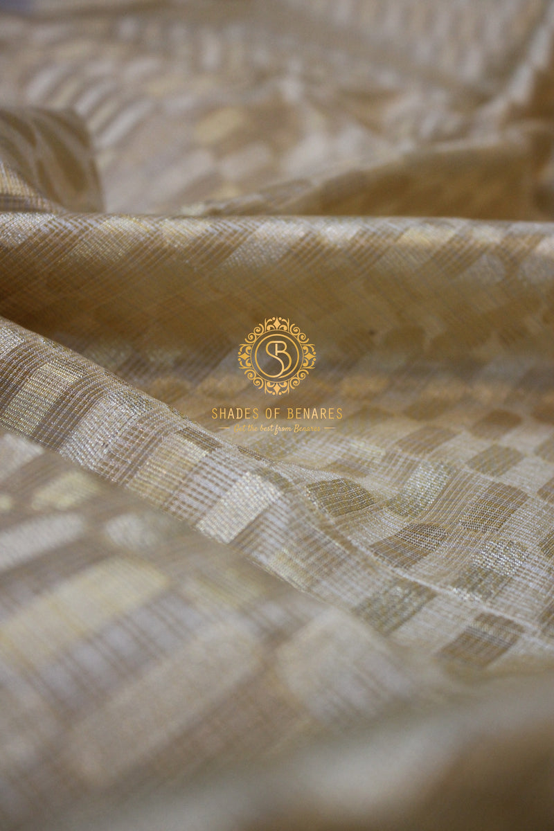 Timeless Beige Pure Tissue Silk Sari: A Classic Choice by shades of benares. Elegant and sophisticated, this sari exudes timeless beauty.