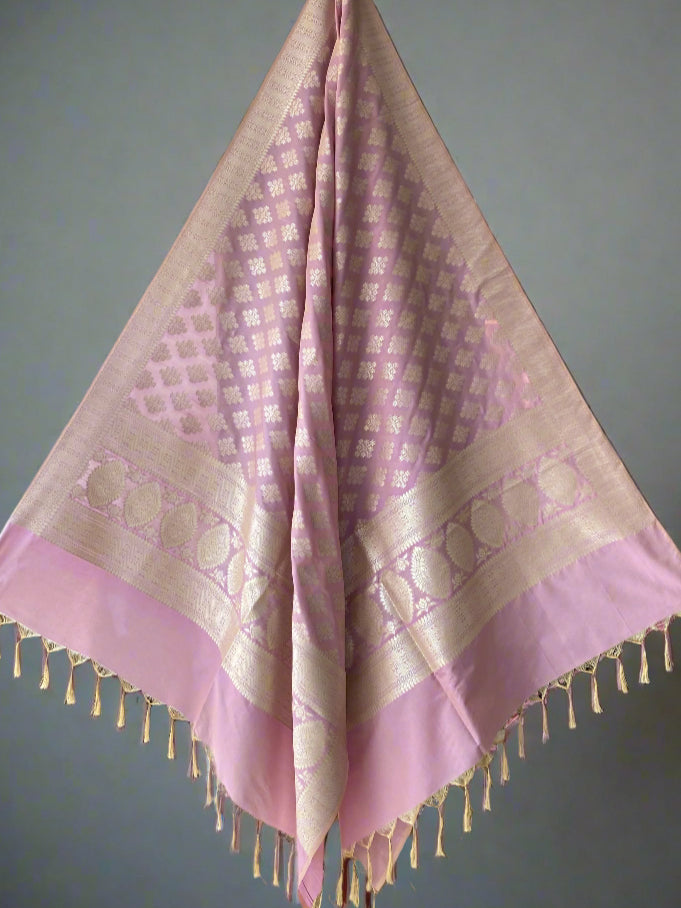 Pink Handloom Banarasi Silk Dupatta with Matt Gold Zari Butis by Shades Of Banaras - banarasi - banarasi saree shop - banarasi saree manufacturers - banarasi saree wholesale - banaraasi sarees