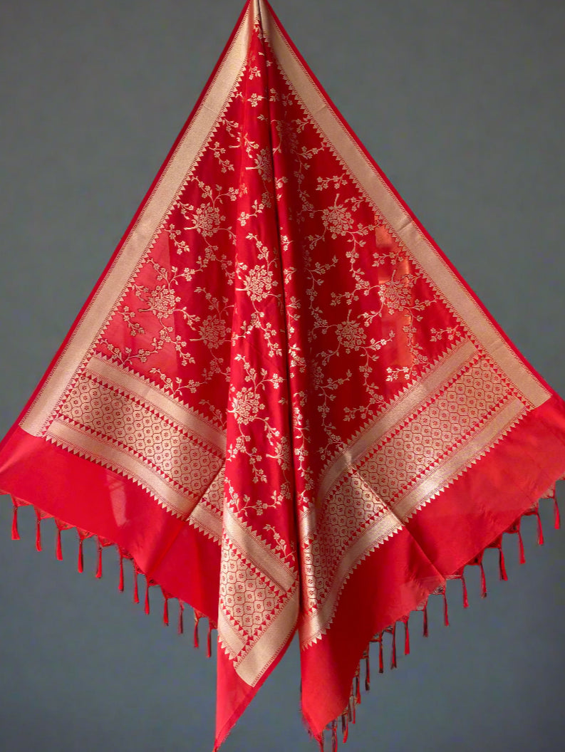 Matte Red Handloom Banarasi Silk Dupatta with Gold Zari Jaal by Shades Of Banaras - banarasi - banarasi saree shop - banarasi saree manufacturers - banarasi saree wholesale - banaraasi sarees