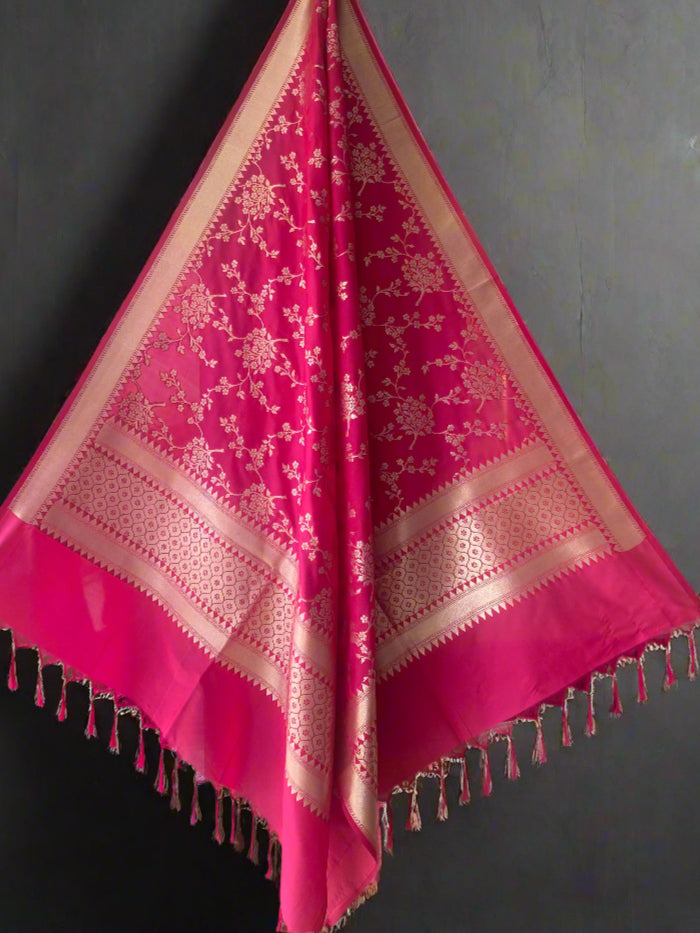 Pink Handloom Banarasi Silk Dupatta with Matt Gold Zari Jaal by Shades Of Banaras - banarasi - banarasi saree shop - banarasi saree manufacturers - banarasi saree wholesale - banaraasi sarees