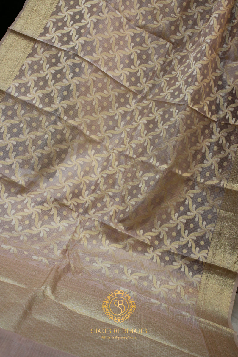 Baby Pink Pure Tissue Silk Sari by Shades of Benares - a delicate dream in soft pastel hues.