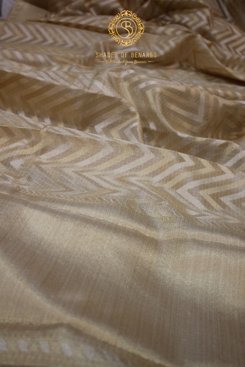 Luxurious Banarasi Tissue Silk Saree in Creme with Gold & Silver Stripes by Shades of Benares.