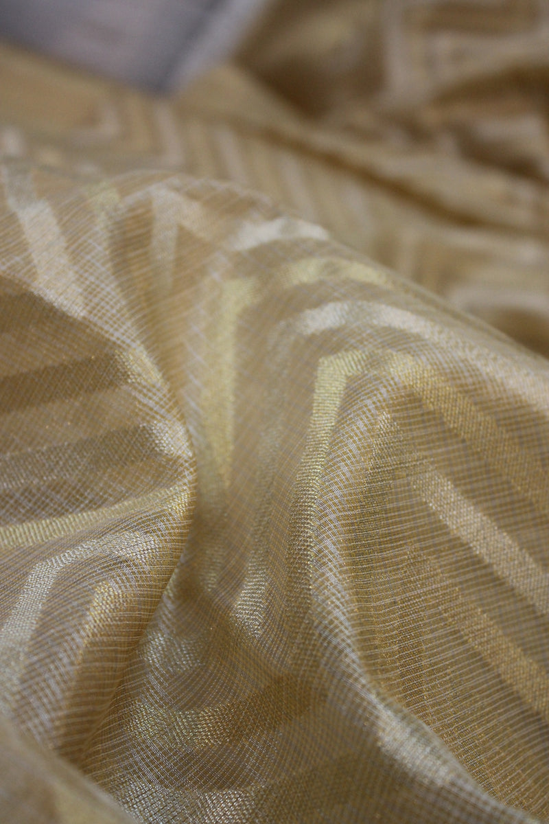 Elegant Banarasi Tissue Silk Saree in Creme with Gold & Silver Stripes from Shades of Benares.