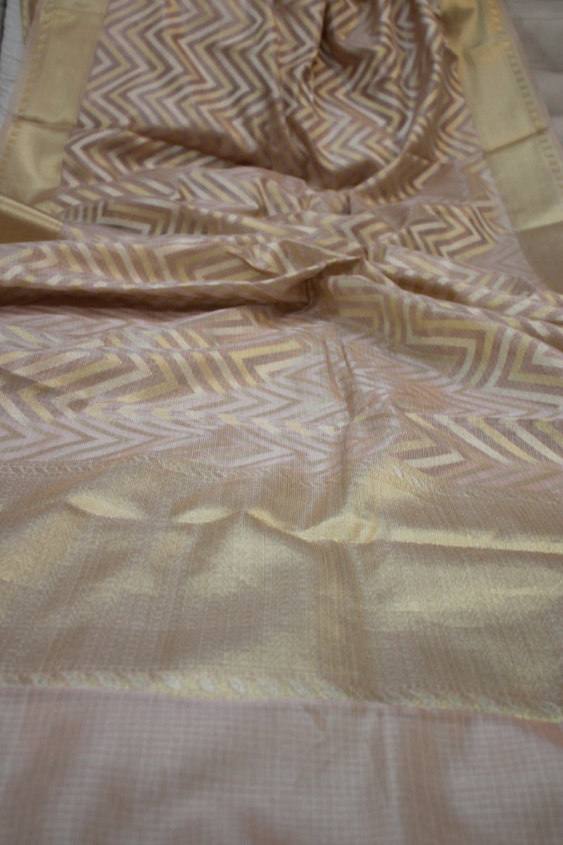 Elegant baby pink Banarasi Tissue Silk Saree with gold & silver stripes.