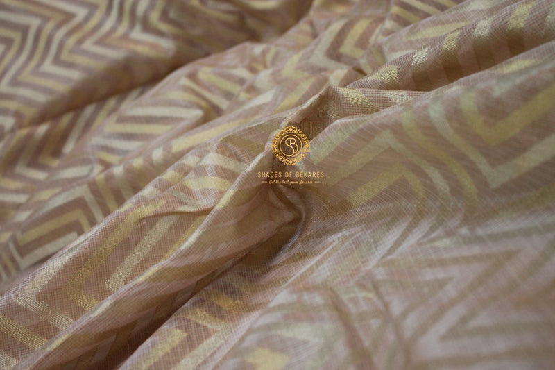 Baby pink Banarasi Tissue Silk Saree with gold & silver stripes by Shades of Benares.