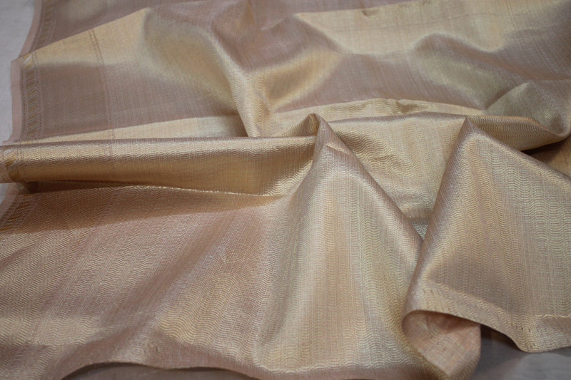 Baby pink Banarasi Tissue Silk Saree by shades of Benares with gold & silver stripes.
