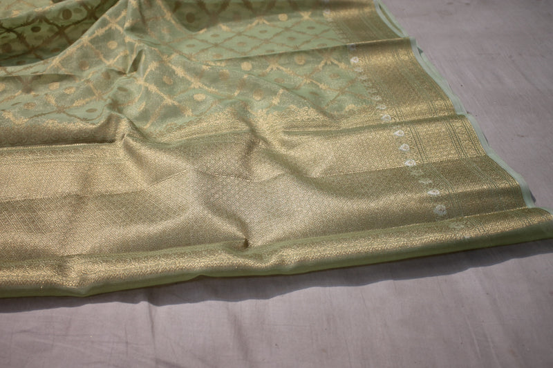 Pastel green pure tissue silk saree with gold jaal work by Shades of Benares.