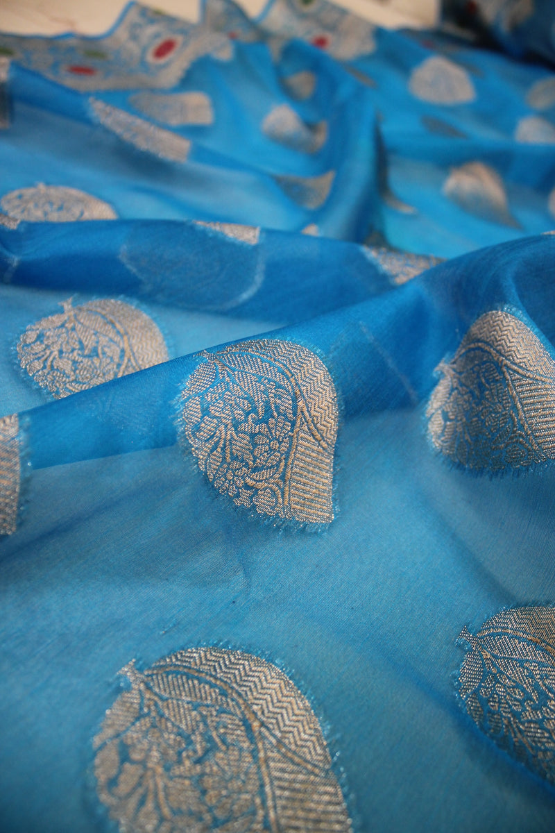 Fine Blue Kora Organza Handloom Banarasi Saree - Limited Edition by shades of benares.