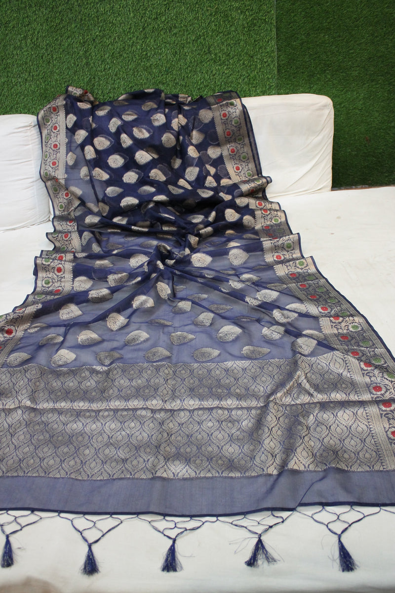 Elegant handloom Banarasi saree in fine navy blue Kora Organza.