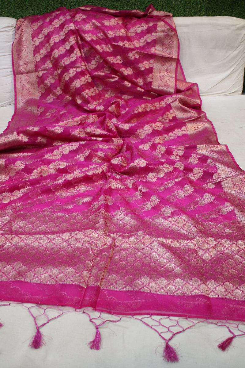 Pink Ravishing Handloom Banarasi Saree: Rani Pink Kora Organza, designed by Shades of Benares.