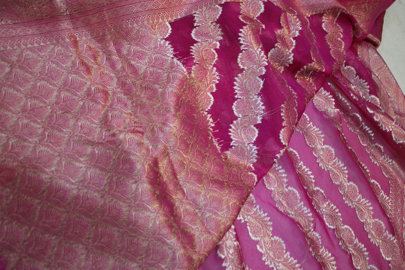 Ravishing Rani Pink Kora Organza Handloom Banarasi Saree by Shades of Benares: A stunning pink saree with intricate handloom work.